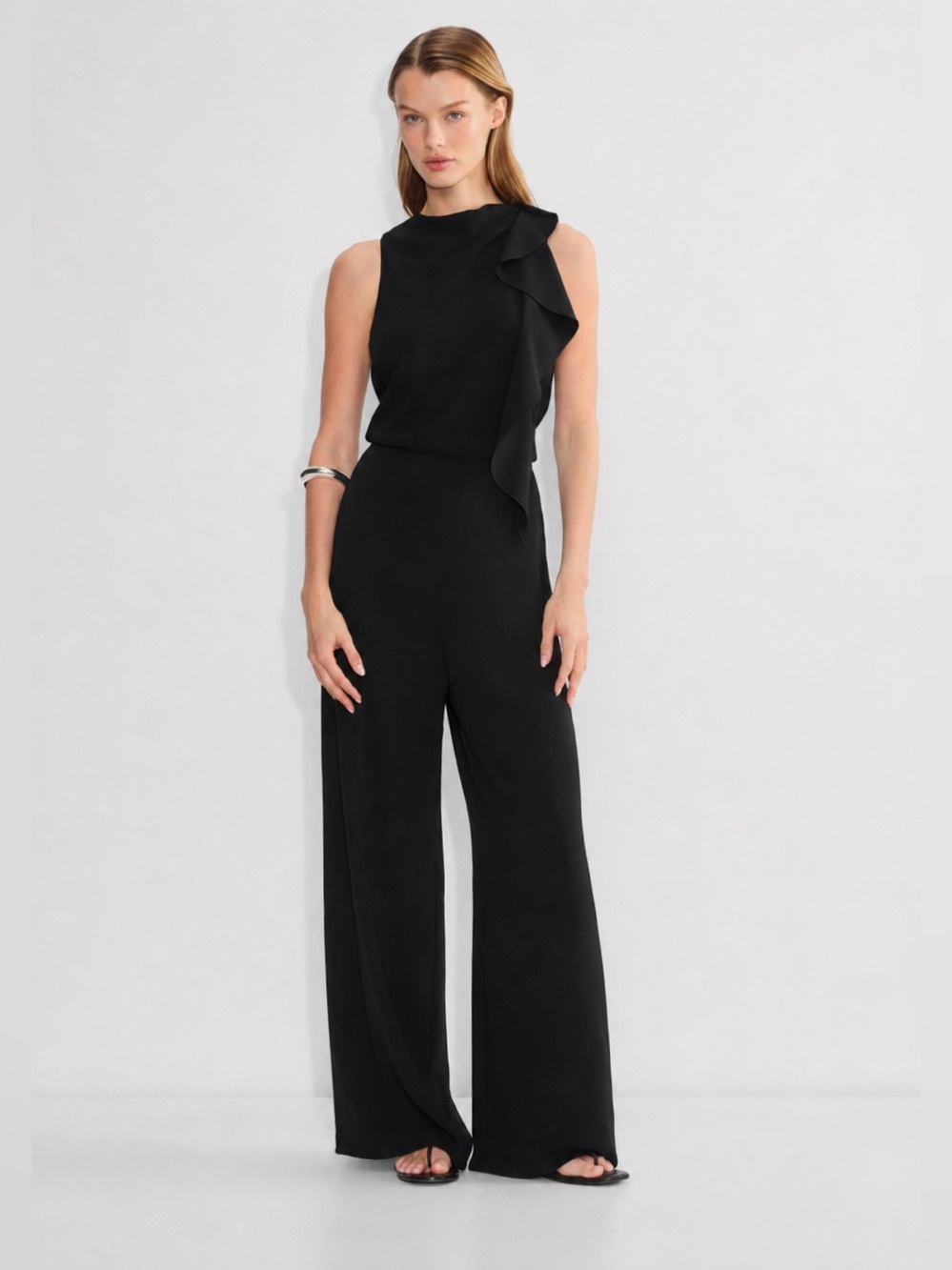 Maje Black One-Shoulder Ruffle Wide Leg Jumpsuit NWT Size 1 (Small)